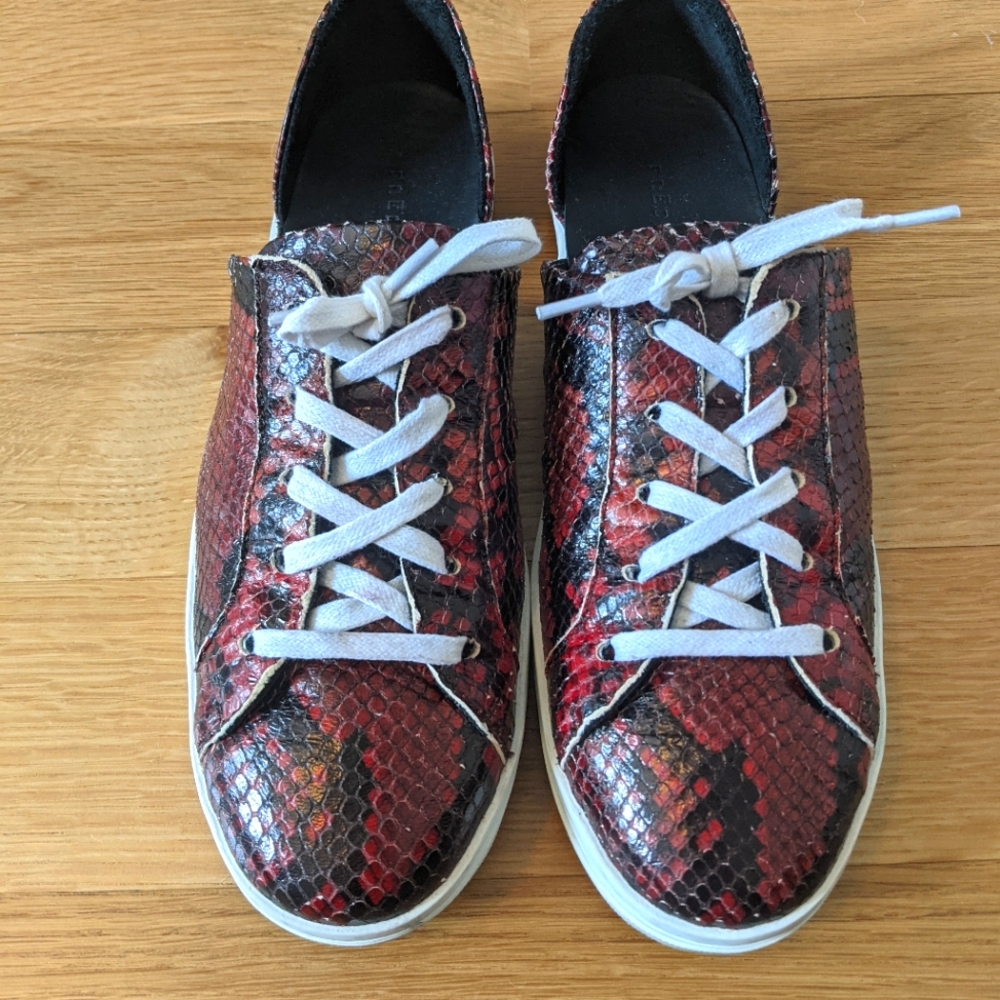 Freda Salvador Red and Black Snake Print Sneakers